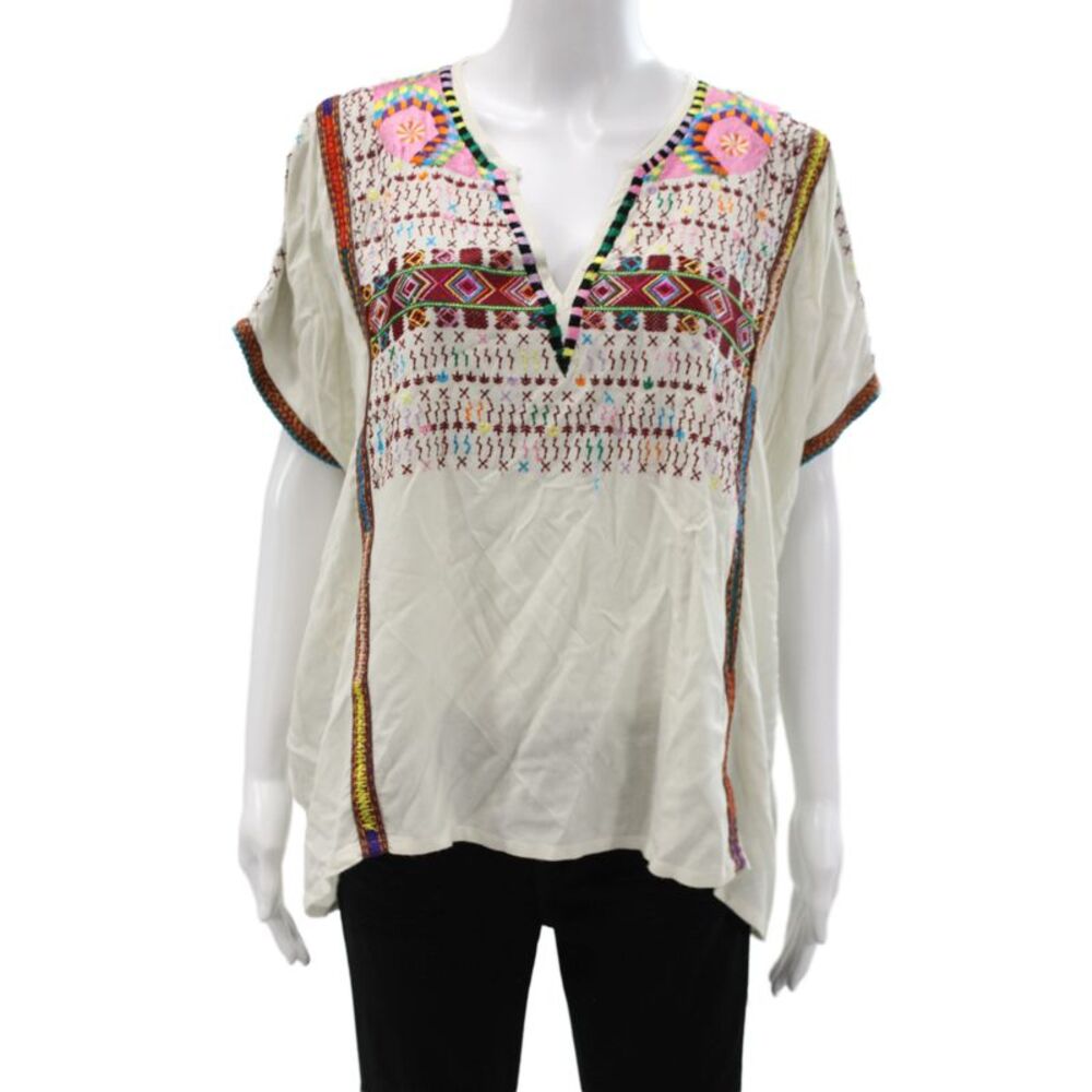 Love Sam Women Beige Geometric V-Neck Tunic 100% Viscose Boho Sleeveless Size S